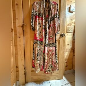 Elegant Red and Gold Patterned self tie belted Dress